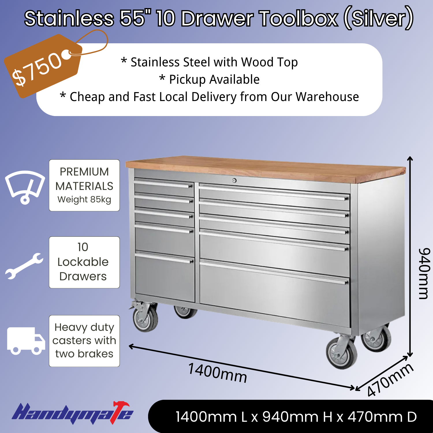 Local Delivery] 55 10 Drawer Mobile Workbench Stainless Steel Toolbox  Cabinet with Wood Top (Silver) - Handymate