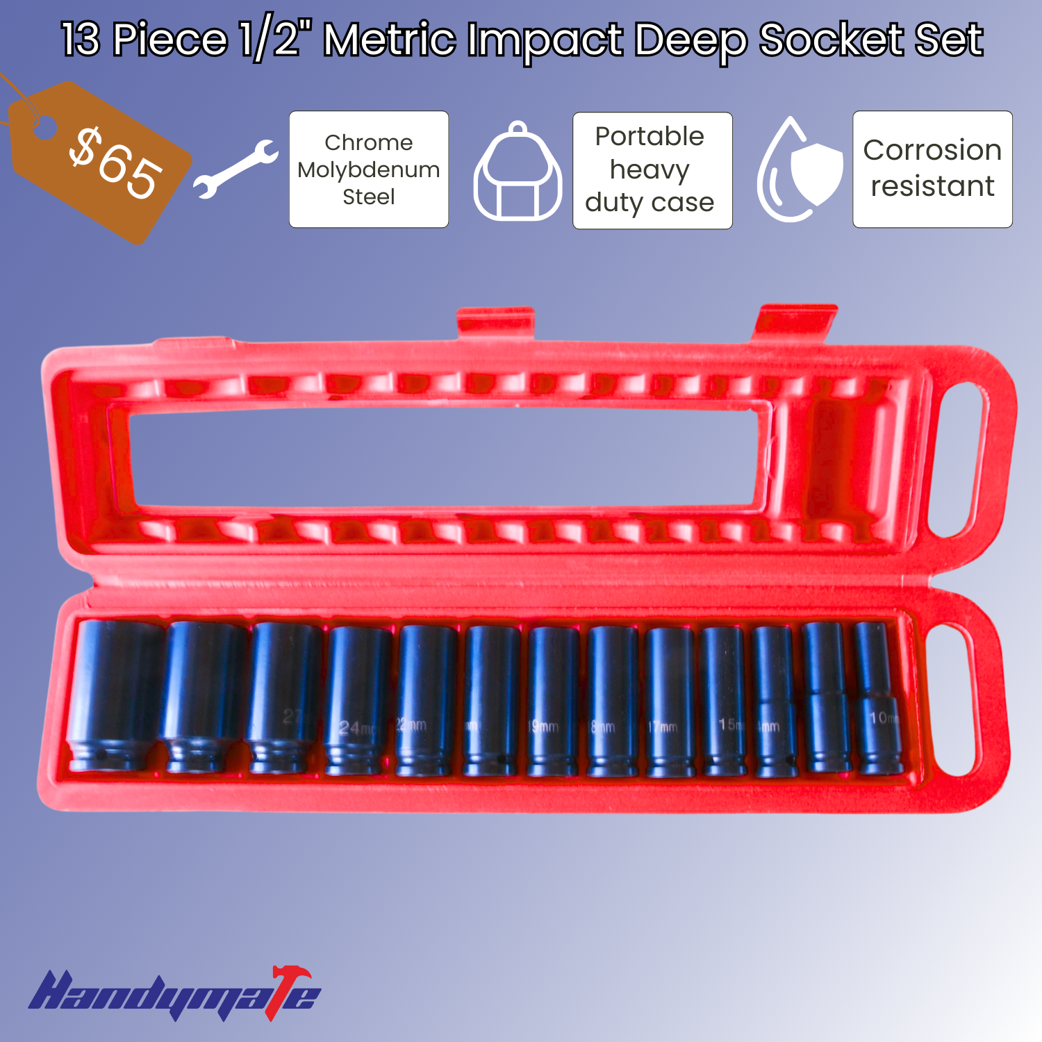 13 Piece 1/2" Metric Impact Deep Socket Set 10-32mm