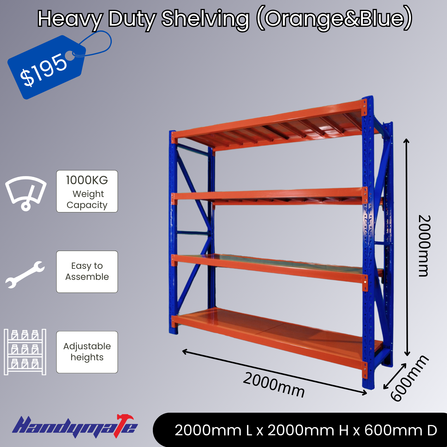2Mx2Mx0.6M 1000KG Garage Warehouse Steel Storage Shelving Shelves (Orange&Blue)