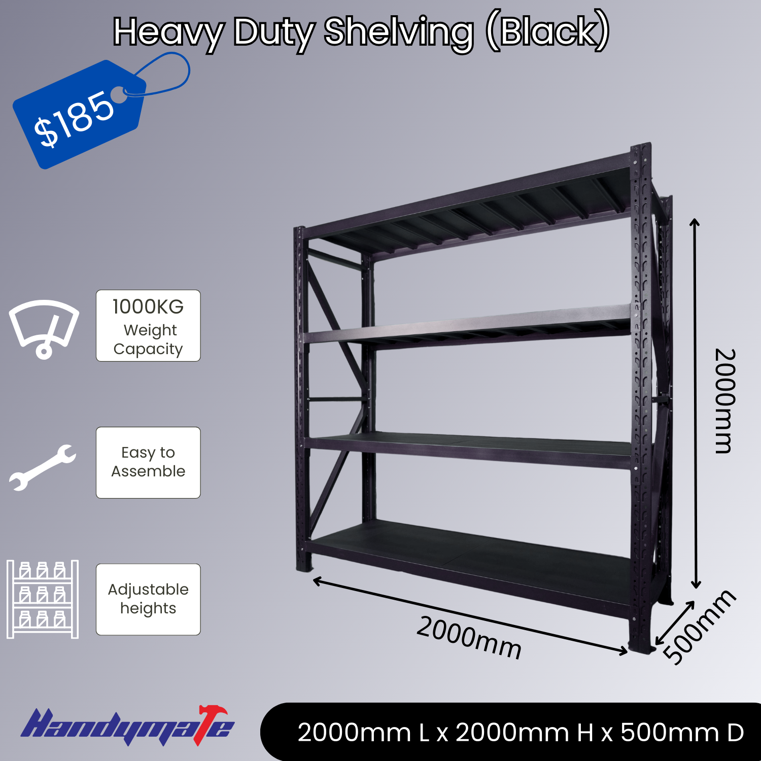 2Mx2Mx0.5M 1000KG Garage Warehouse Steel Storage Shelving Shelves (Black)