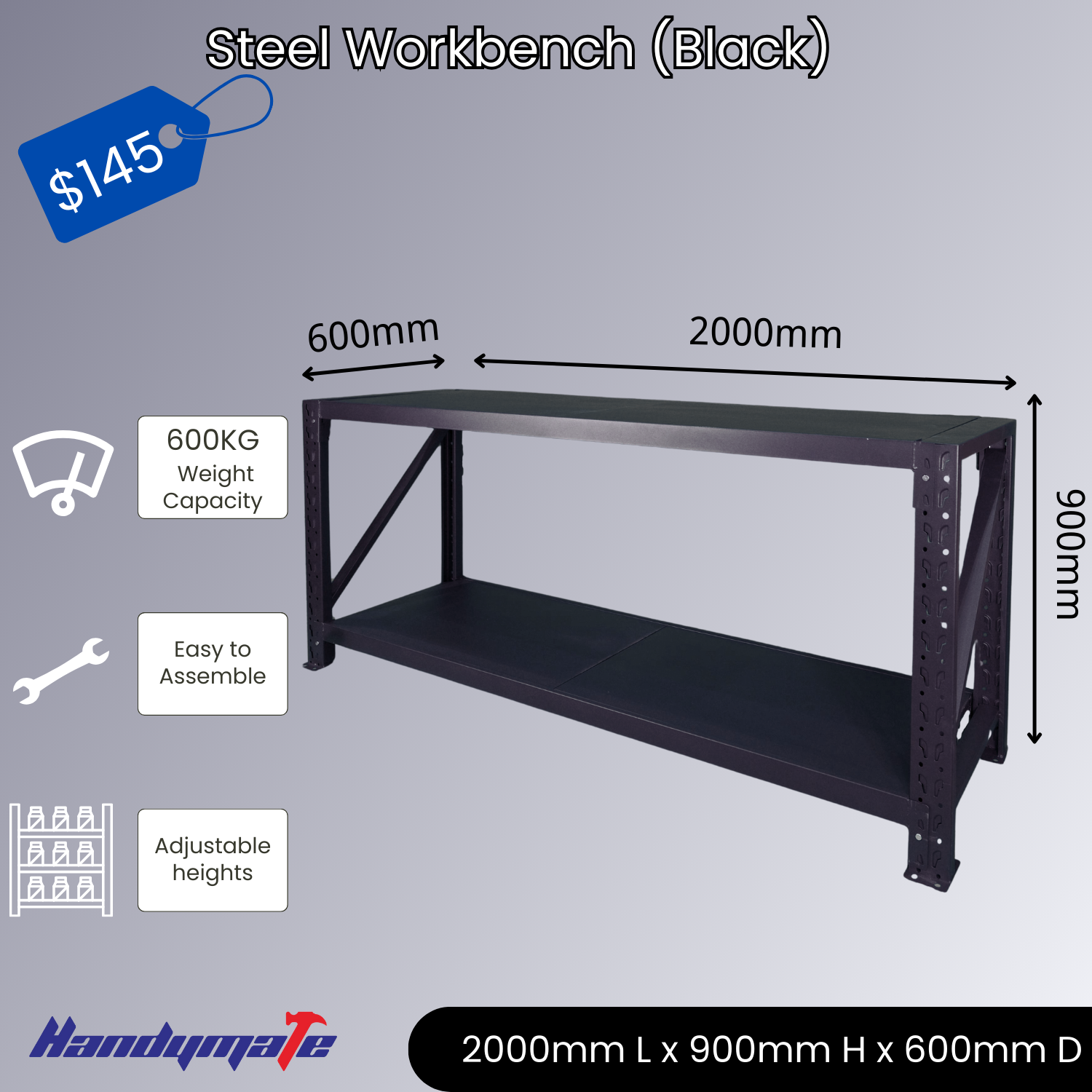 2Mx0.9Mx0.6M 600KG Garage Warehouse Steel Workbench 2 Levels Industrial Style (Black)