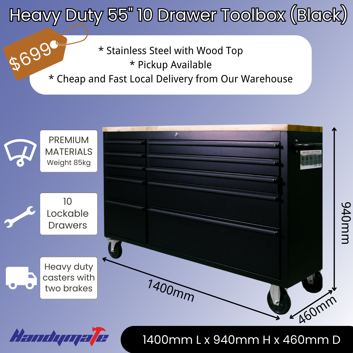 55" 10 Drawer Mobile Workbench Powder Coated Steel Toolbox Cabinet with Wood Top (Black)