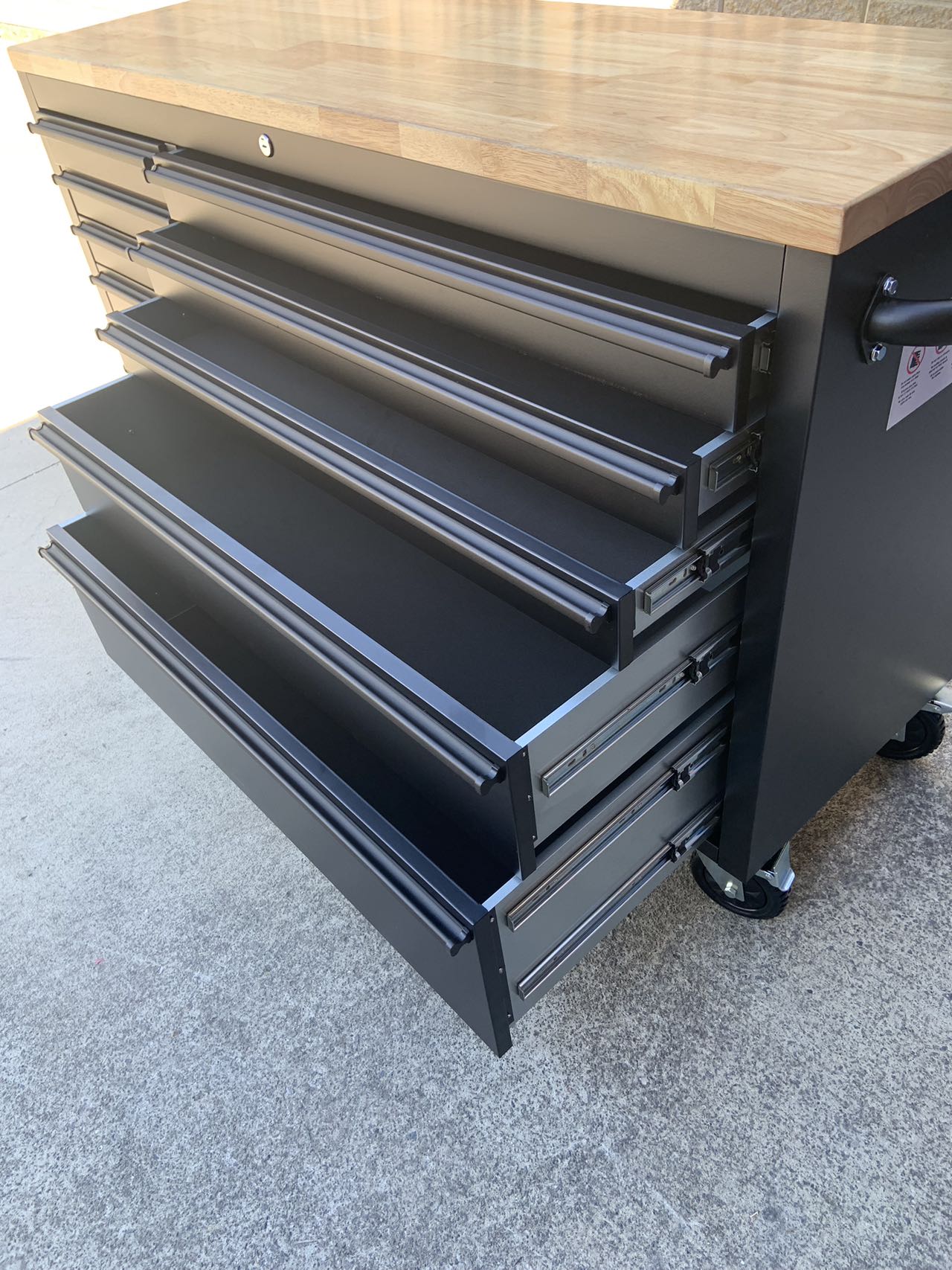 55" 10 Drawer Mobile Workbench Powder Coated Steel Toolbox Cabinet with Wood Top (Black) - Image 5