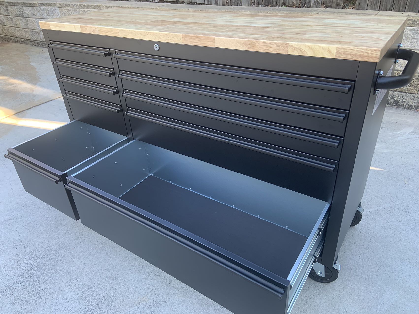 55" 10 Drawer Mobile Workbench Powder Coated Steel Toolbox Cabinet with Wood Top (Black) - Image 4