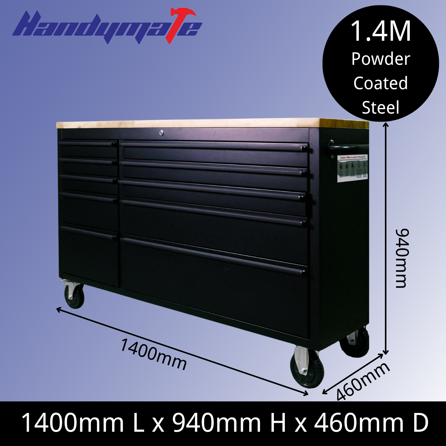 55" 10 Drawer Mobile Workbench Powder Coated Steel Toolbox Cabinet with Wood Top (Black) - Image 2