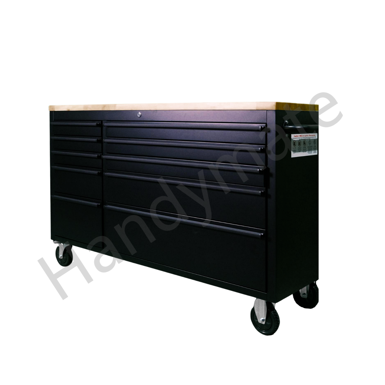 55" 10 Drawer Mobile Workbench Powder Coated Steel Toolbox Cabinet with Wood Top (Black) - Image 3