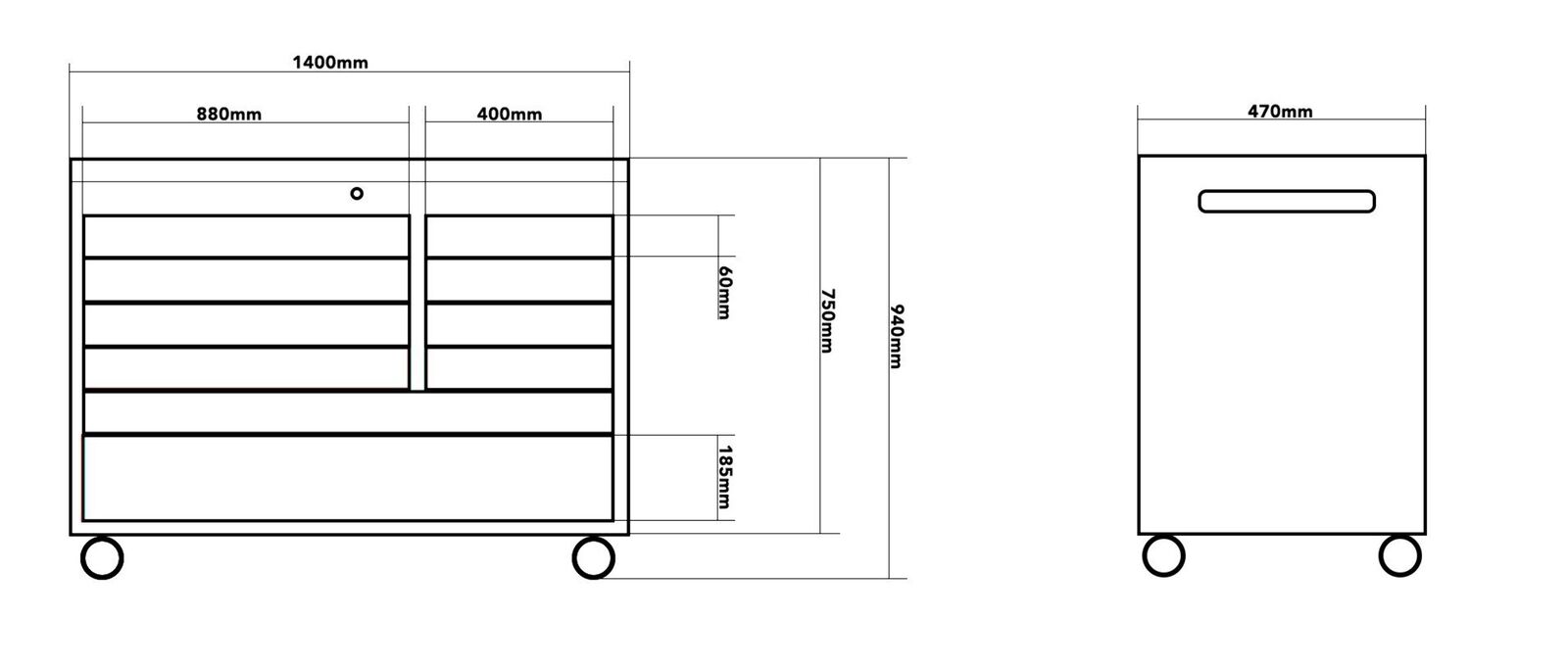 55" 10 Drawer Mobile Workbench Powder Coated Steel Toolbox Cabinet with Wood Top (Black) - Image 10