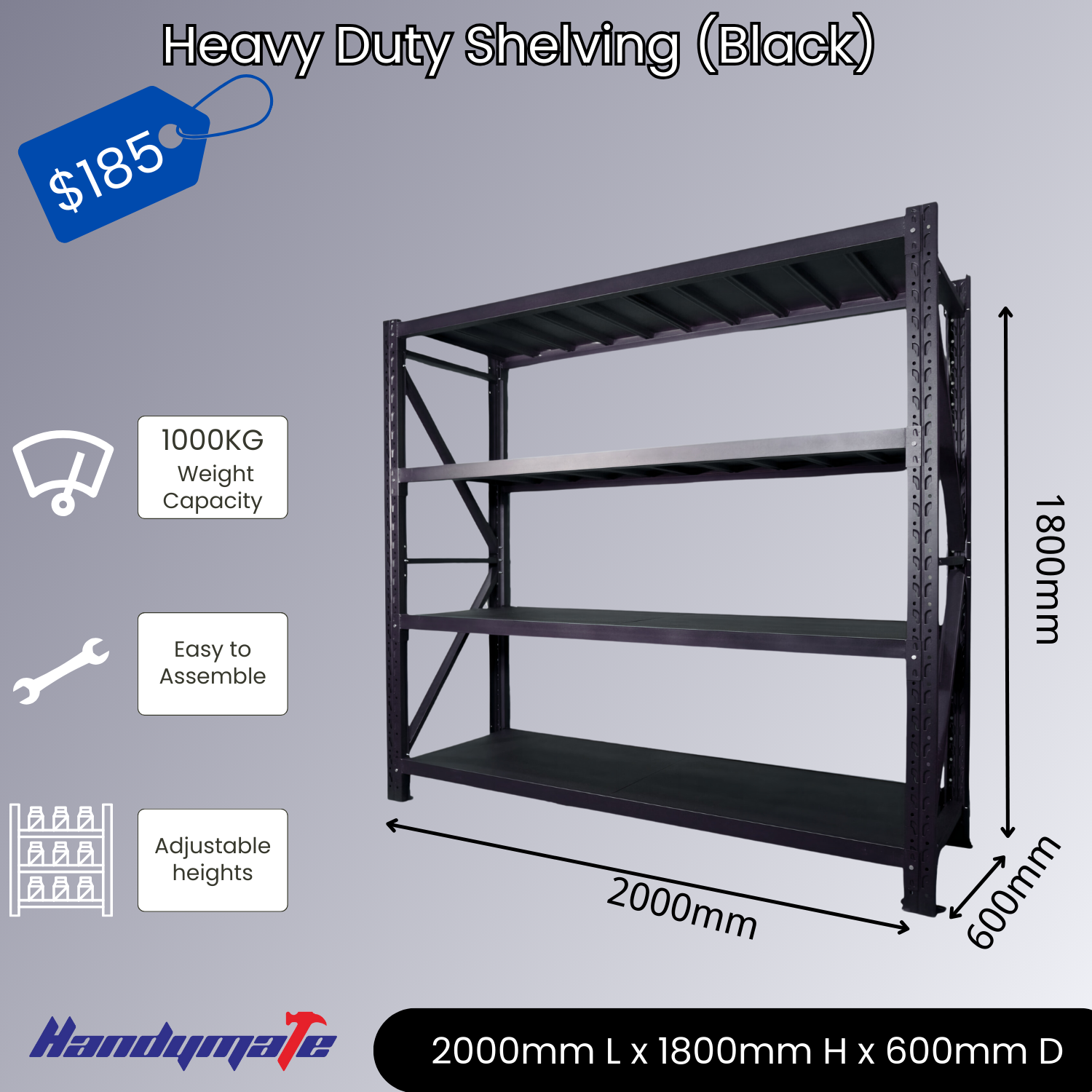 2Mx1.8Mx0.6M 1000KG Garage Warehouse Steel Storage Shelving Shelves (Black)
