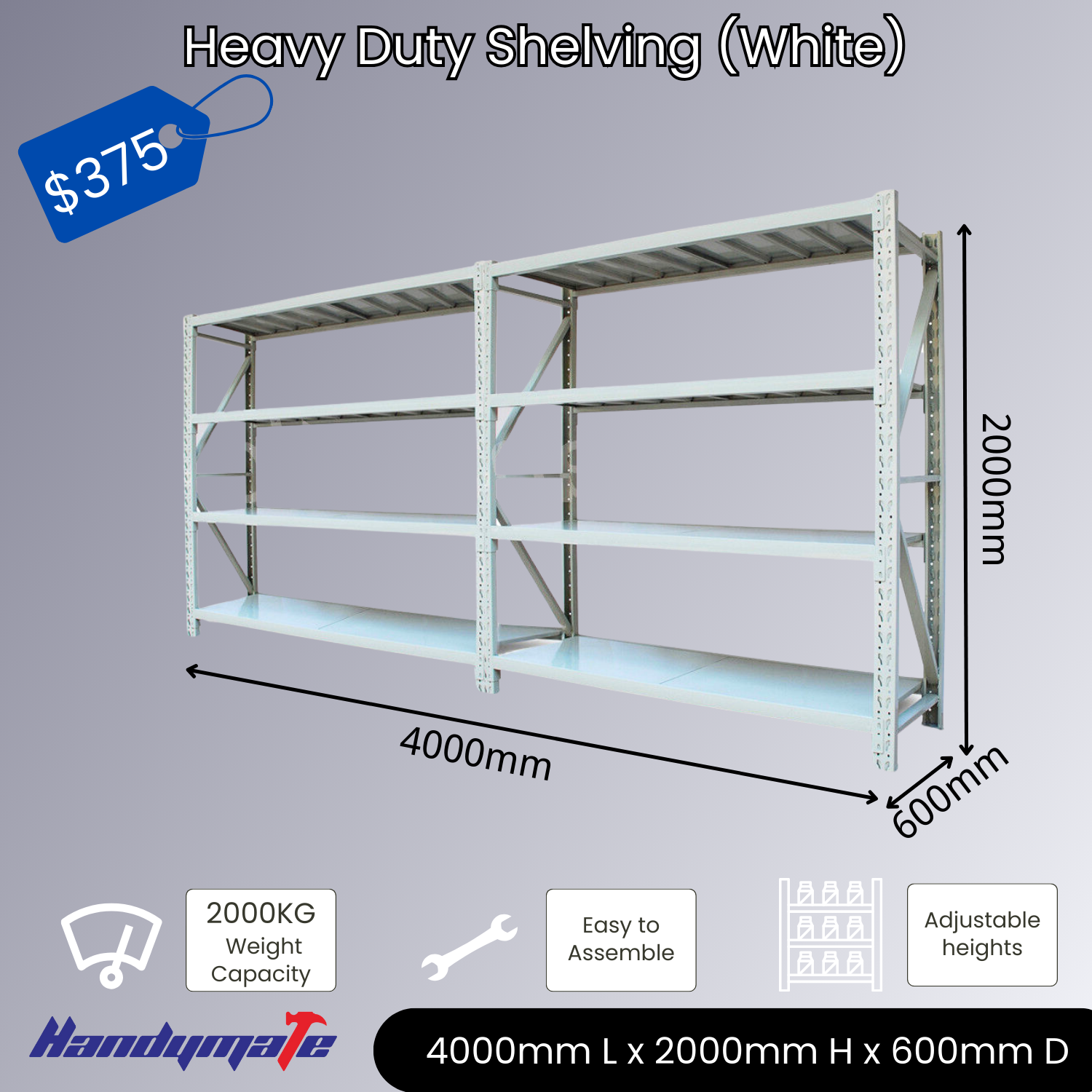 4Mx2Mx0.6M 2000KG Garage Warehouse Steel Storage Shelving Shelves (White)