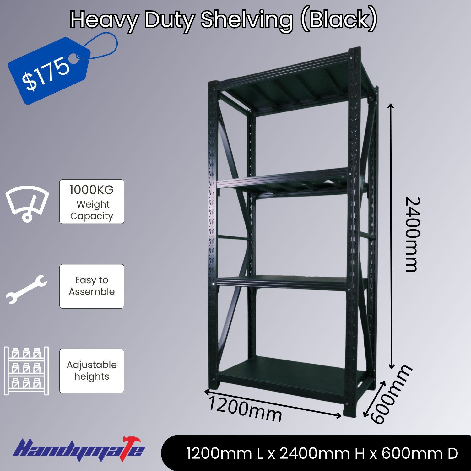 1.2Mx2.4Mx0.6M 1000KG Garage Warehouse Steel Storage Shelving Shelves (Black)