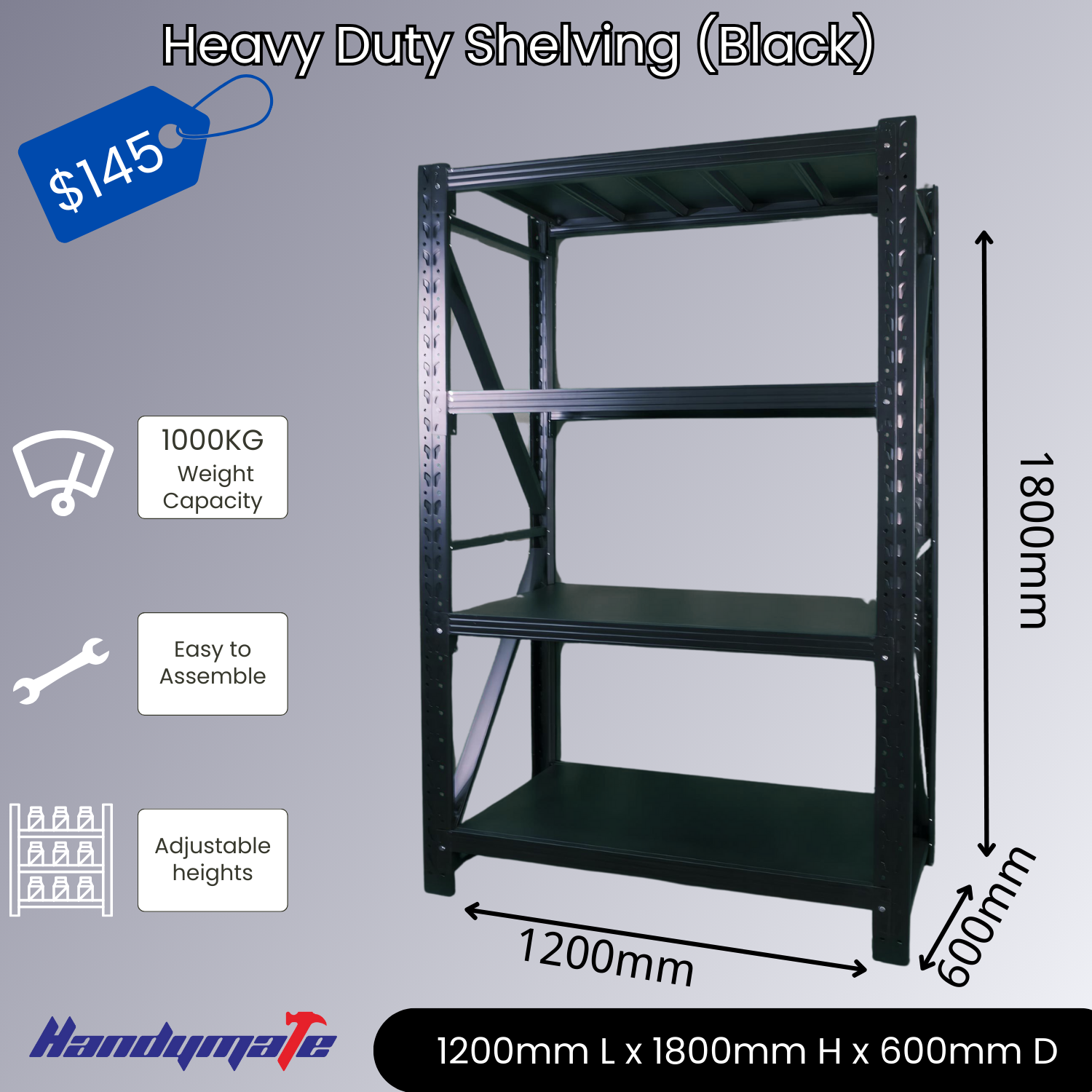 1.2Mx1.8Mx0.6M 1000KG Garage Warehouse Steel Storage Shelving Shelves (Black)