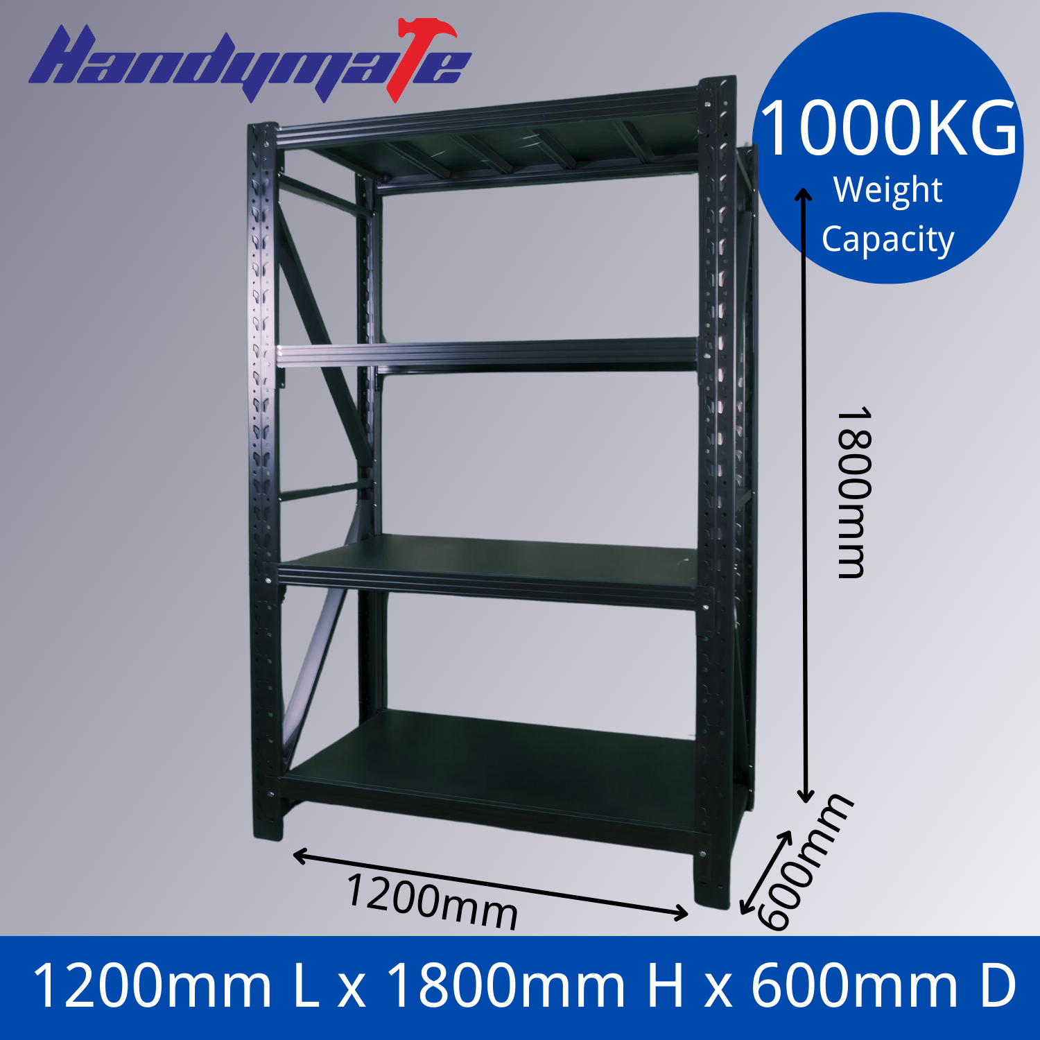 1.2Mx1.8Mx0.6M 1000KG Garage Warehouse Steel Storage Shelving Shelves (Black) - Image 2