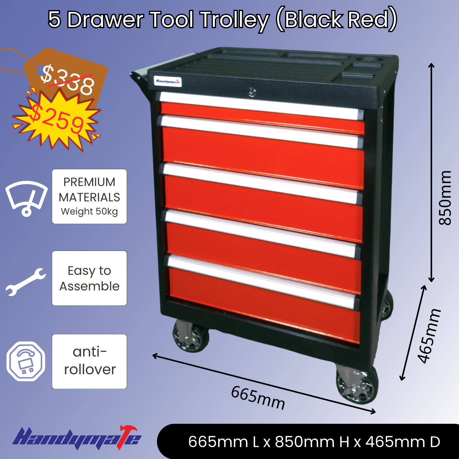 5 Drawer Heavy Duty Steel Mobile Toolbox Tool Cart Trolley (Black&Red)