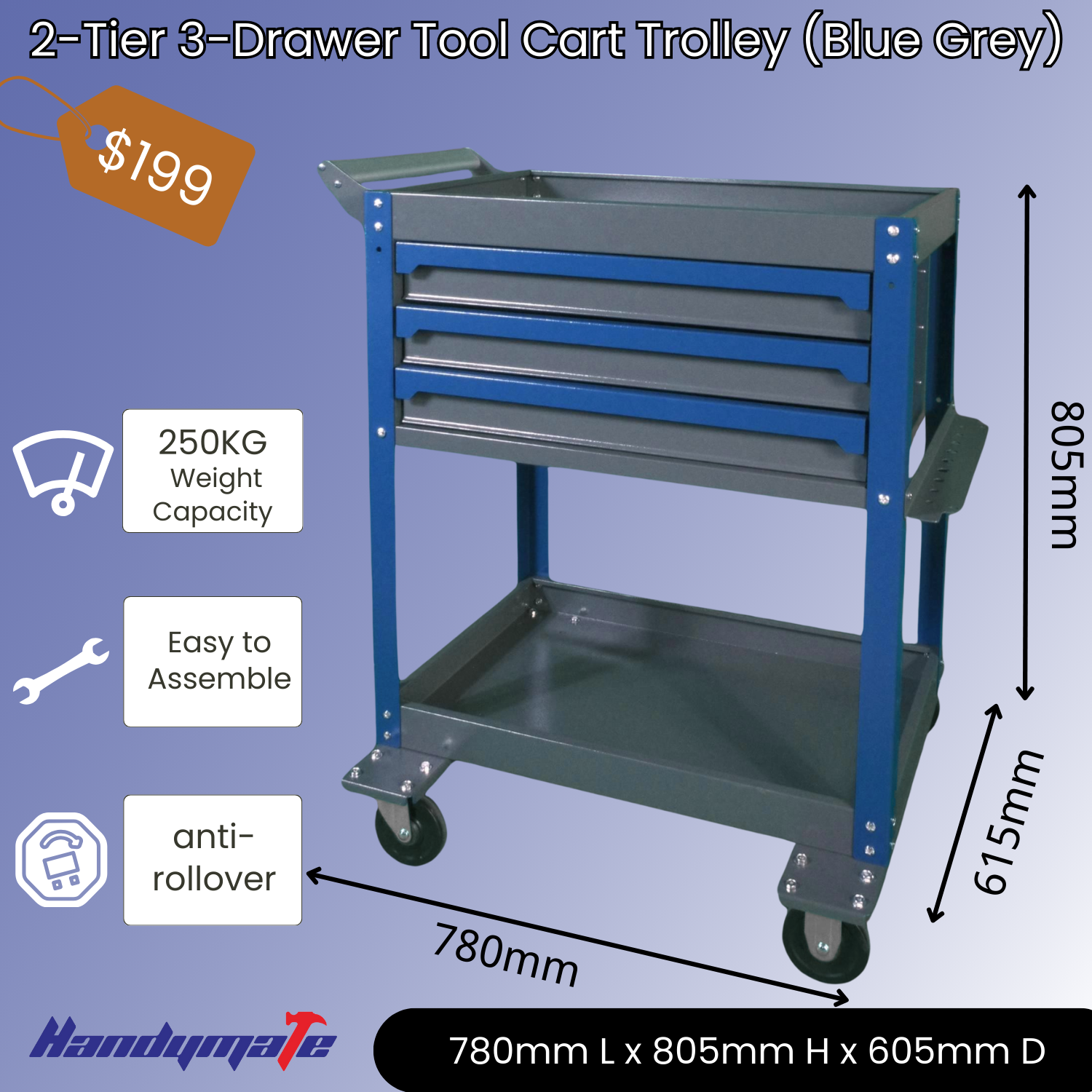 250KG 2-Tier 3-Drawer Steel Tool Cart Trolley Workshop Garage Storage (Blue&Grey)