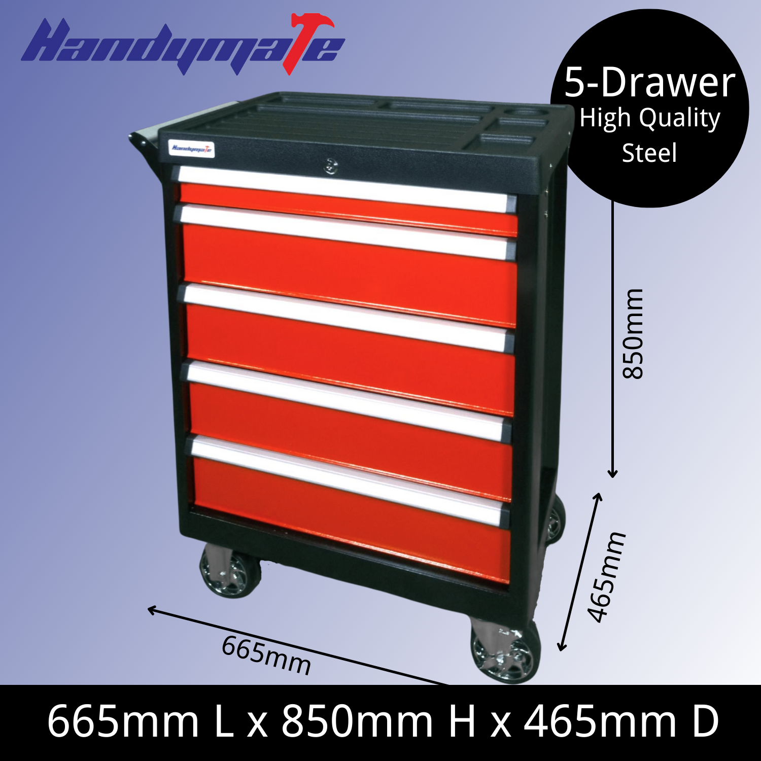 5 Drawer Heavy Duty Steel Mobile Toolbox Tool Cart Trolley (Black&Red) - Image 2
