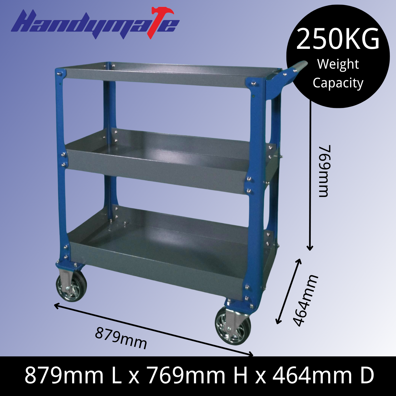 250KG 3-Tier Steel Tool Cart Trolley Workshop Garage Storage (Blue&Grey) - Image 2