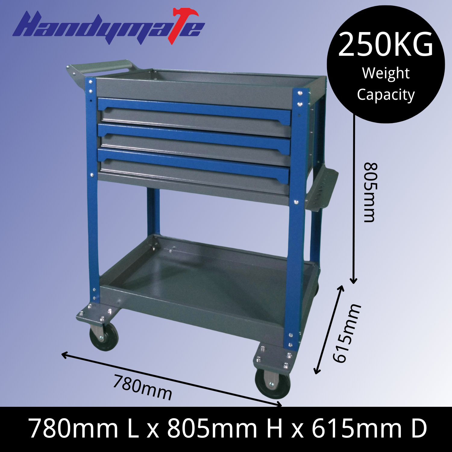 250KG 2-Tier 3-Drawer Steel Tool Cart Trolley Workshop Garage Storage (Blue&Grey) - Image 2