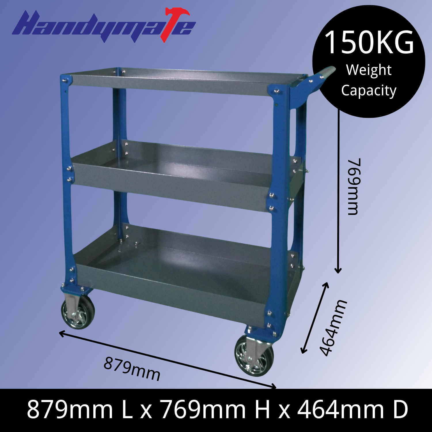 150KG 3-Tier Steel Tool Cart Trolley Workshop Garage Storage (Blue&Grey) - Image 2