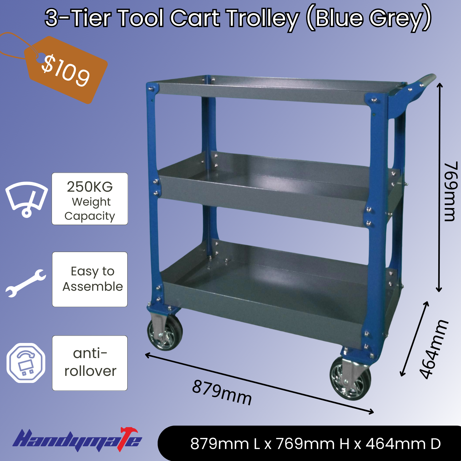250KG 3-Tier Steel Tool Cart Trolley Workshop Garage Storage (Blue&Grey)