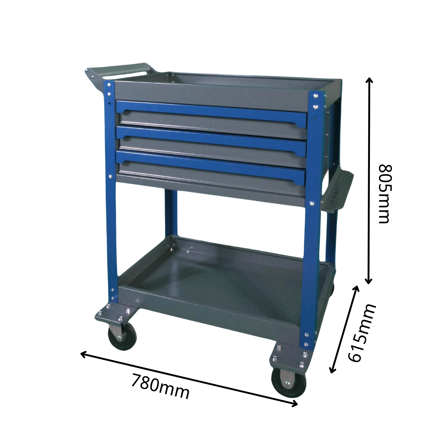 250KG 2-Tier 3-Drawer Steel Tool Cart Trolley Workshop Garage Storage (Blue&Grey) - Image 3