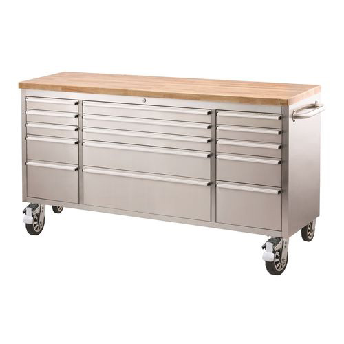 72" 15 Drawer Mobile Workbench Stainless Steel Toolbox Cabinet with Wood Top (Silver) - Image 4