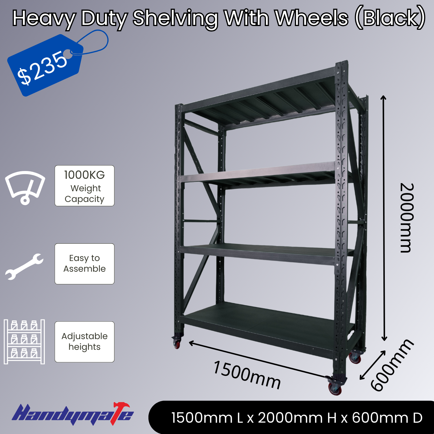 1.5Mx2Mx0.6M 1000KG Garage Warehouse Steel Storage Shelving with Wheels (Black)
