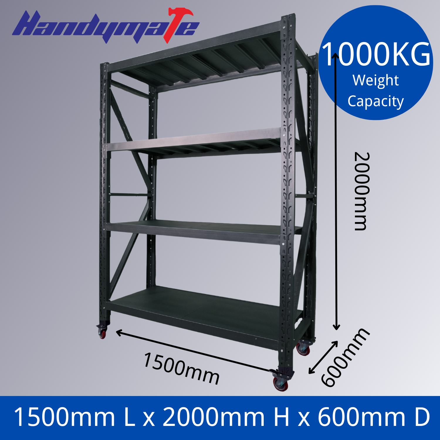 1.5Mx2Mx0.6M 1000KG Garage Warehouse Steel Storage Shelving with Wheels (Black) - Image 2