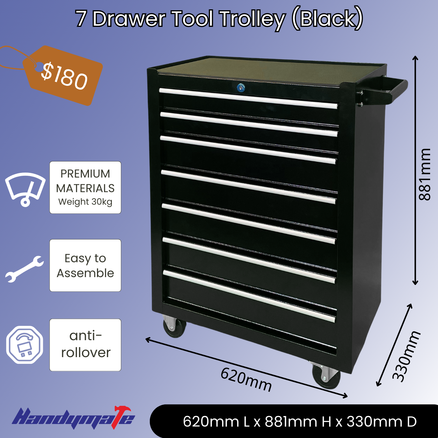 7 Drawer Steel Mobile Toolbox Tool Cabinet Trolley (Black)
