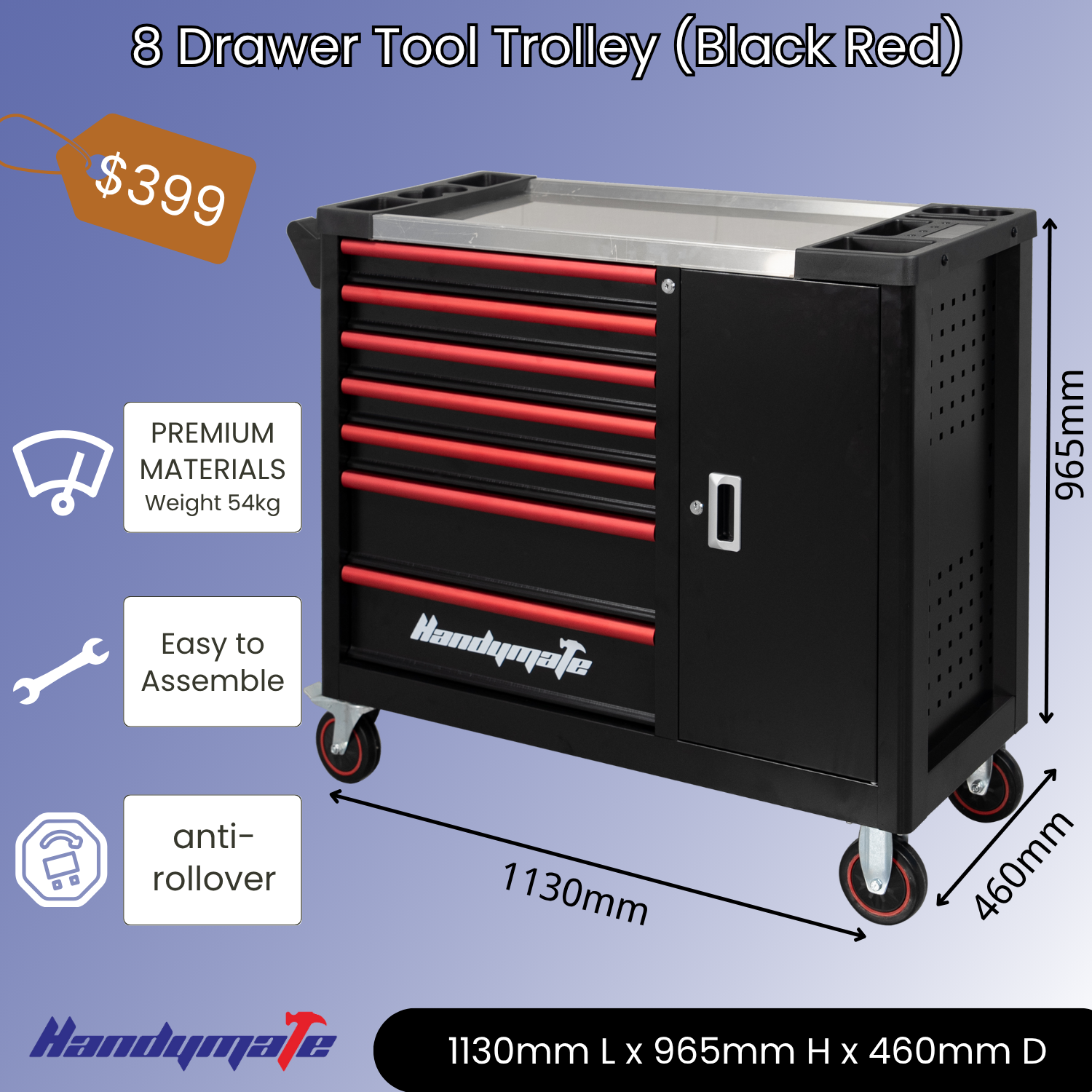 8 Drawer Heavy Duty Steel Mobile Toolbox Tool Cabinet Cart Trolley (Black&Red)