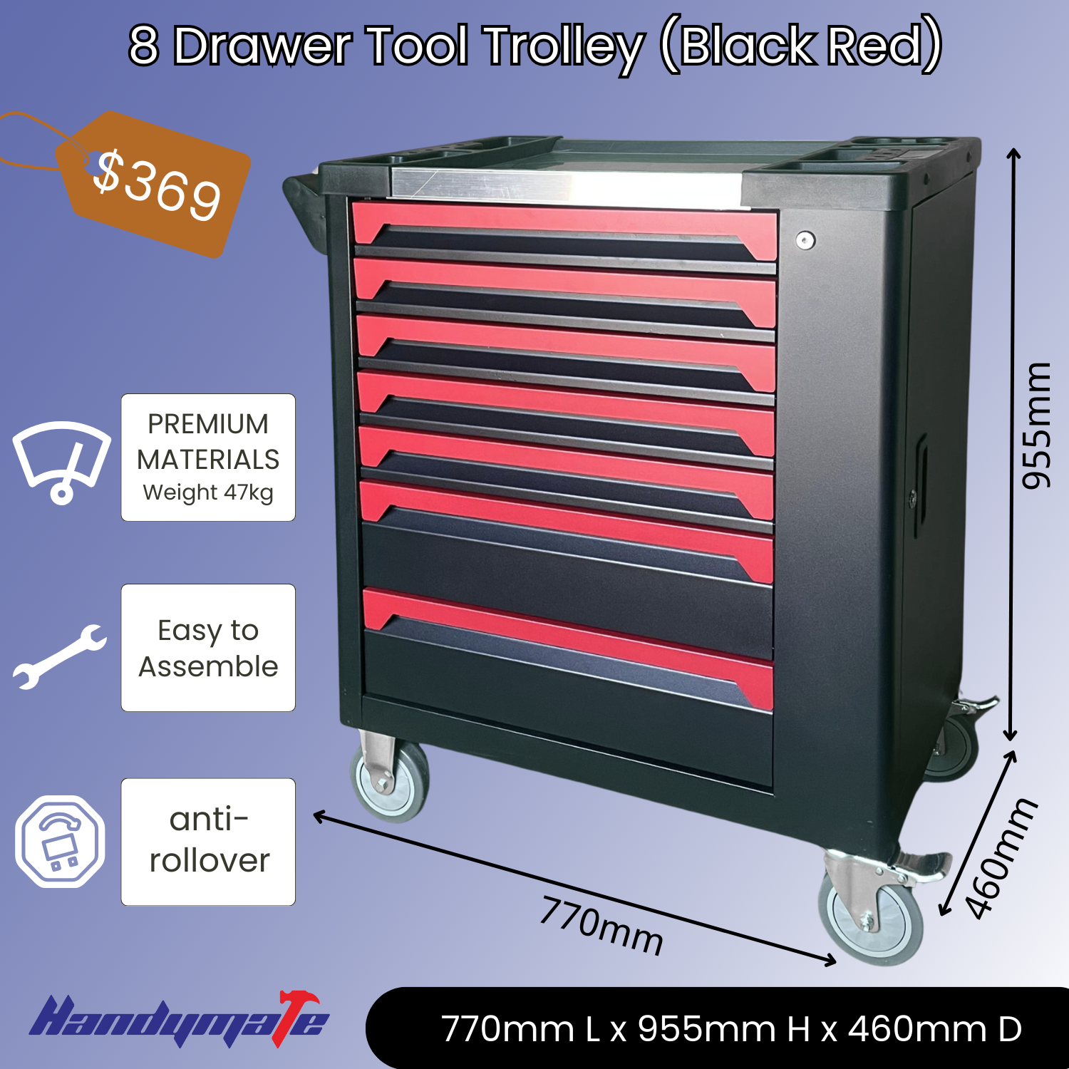 8 Drawer Heavy Duty Steel Mobile Toolbox Tool Cabinet Cart Trolley (Black&Red)