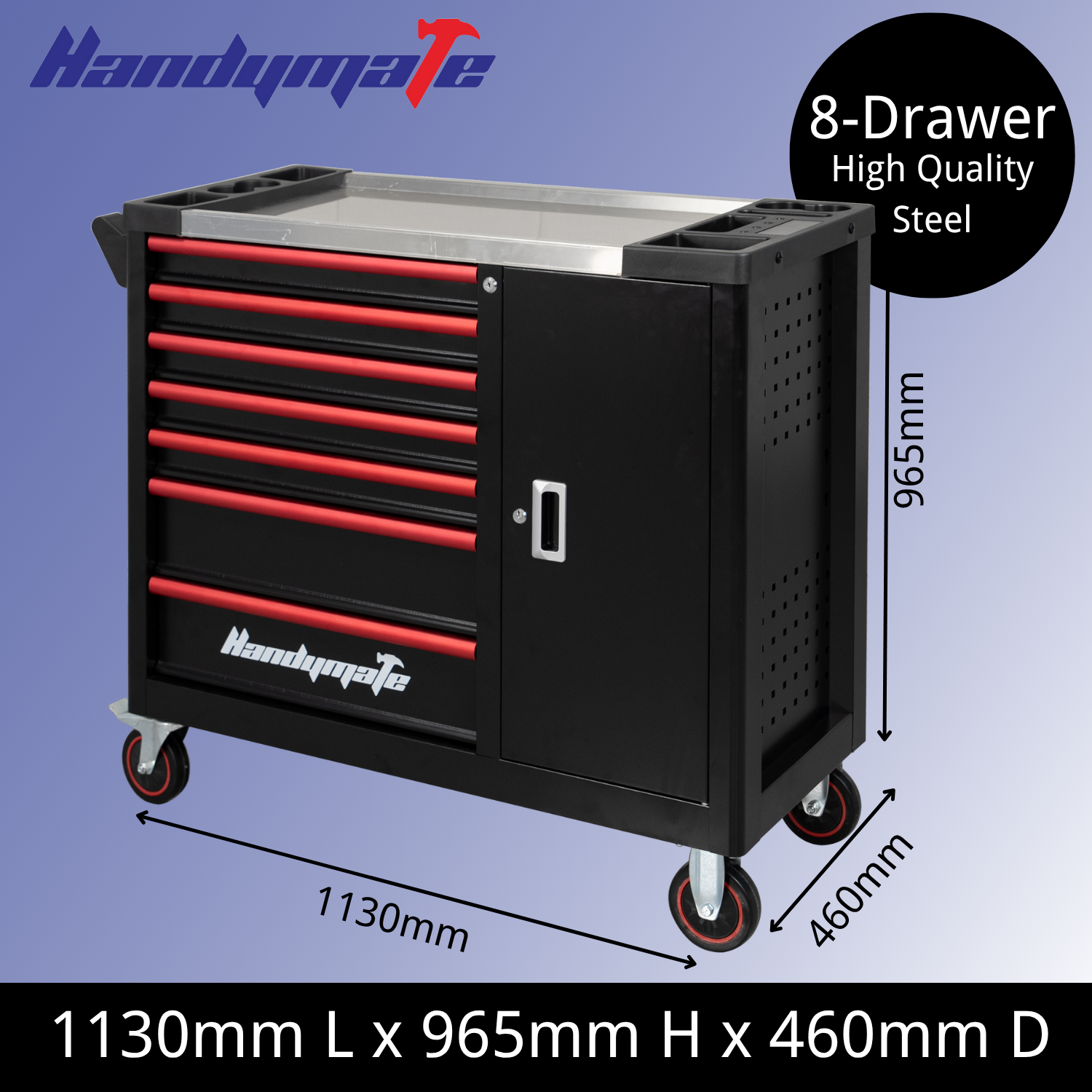 8 Drawer Heavy Duty Steel Mobile Toolbox Tool Cabinet Cart Trolley (Black&Red) - Image 2