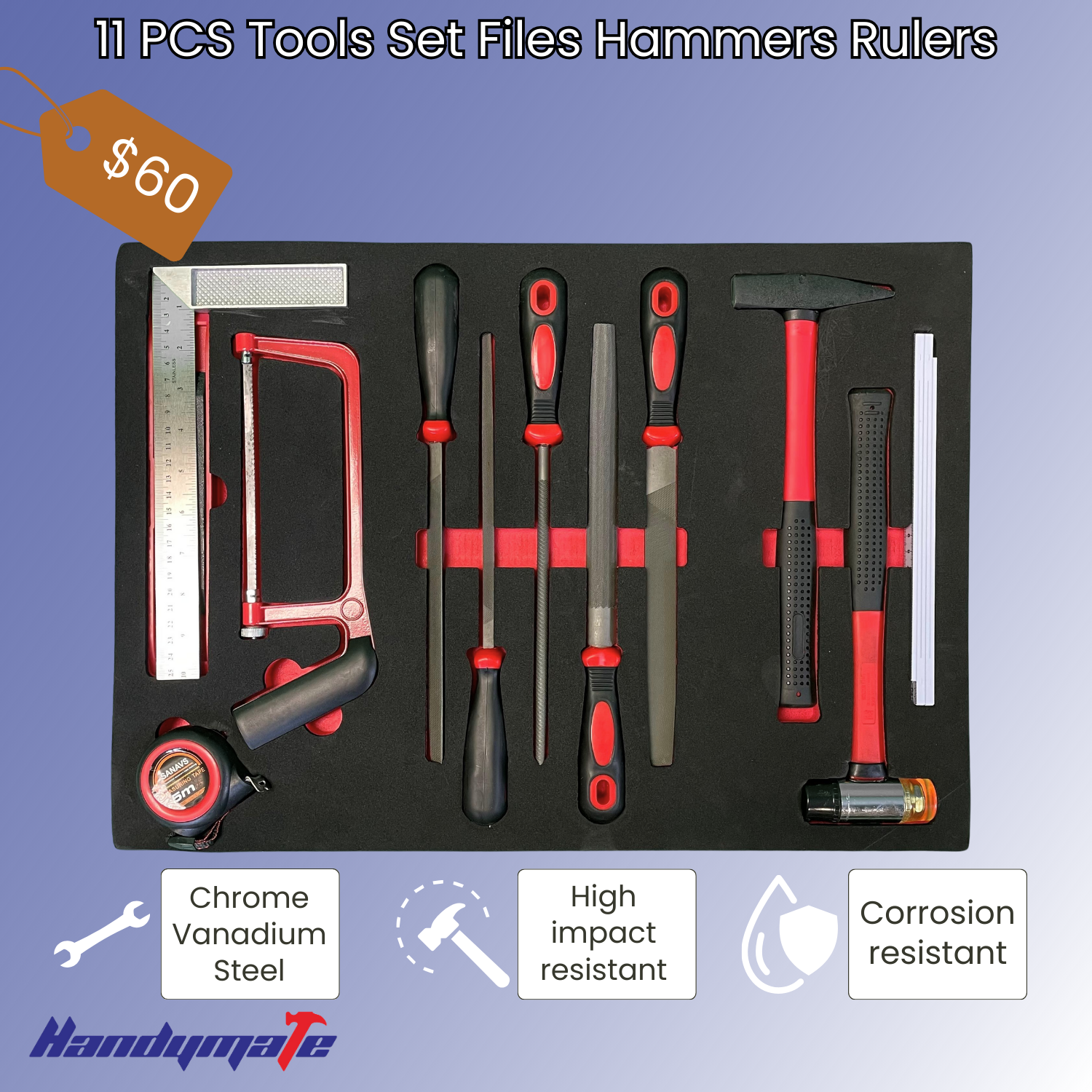 11 PCS Tools Set Files Hammers Rulers