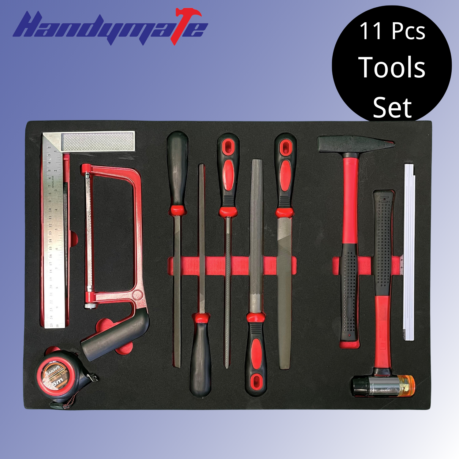 11 PCS Tools Set Files Hammers Rulers - Image 2